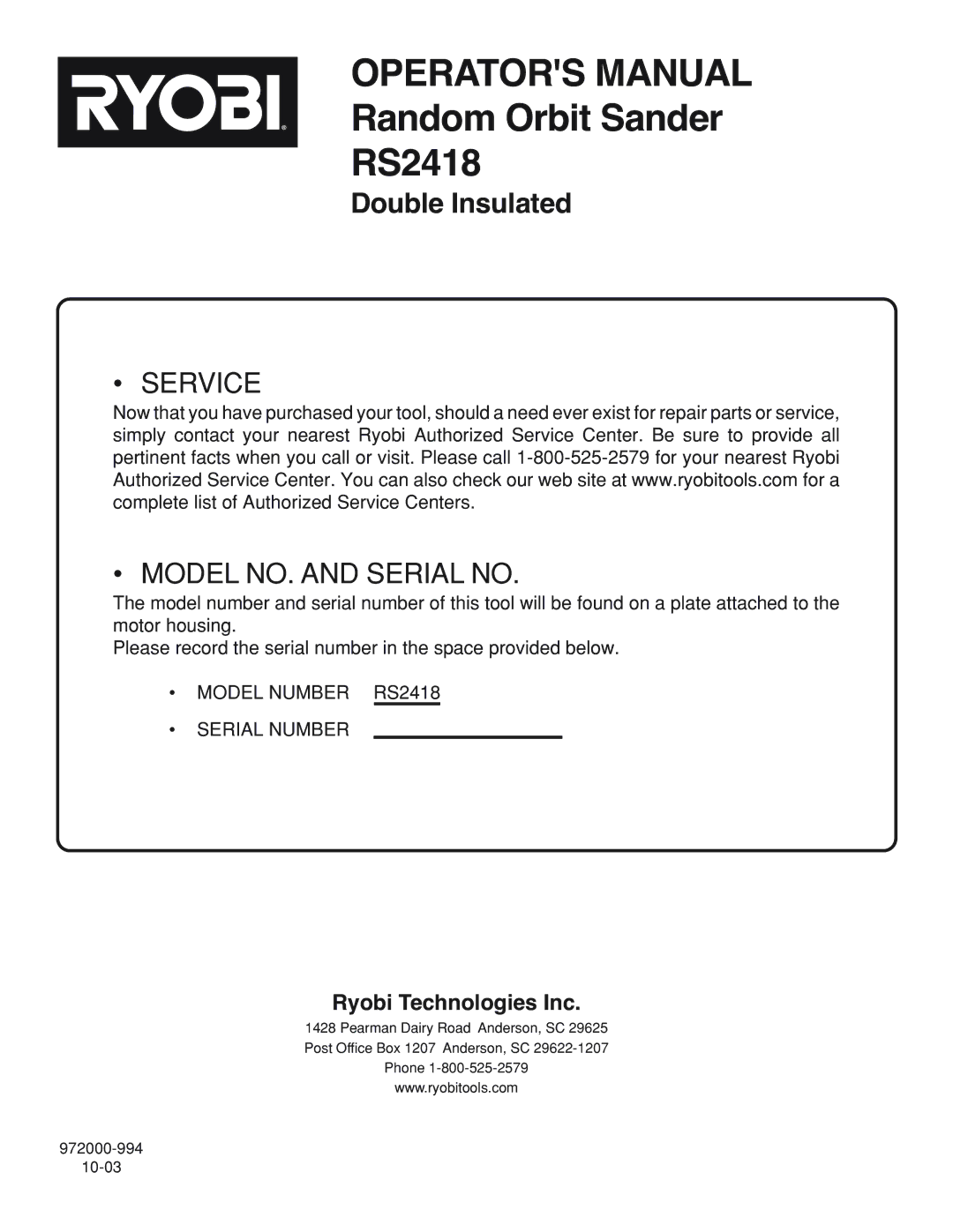 Ryobi RS2418 manual Double Insulated 