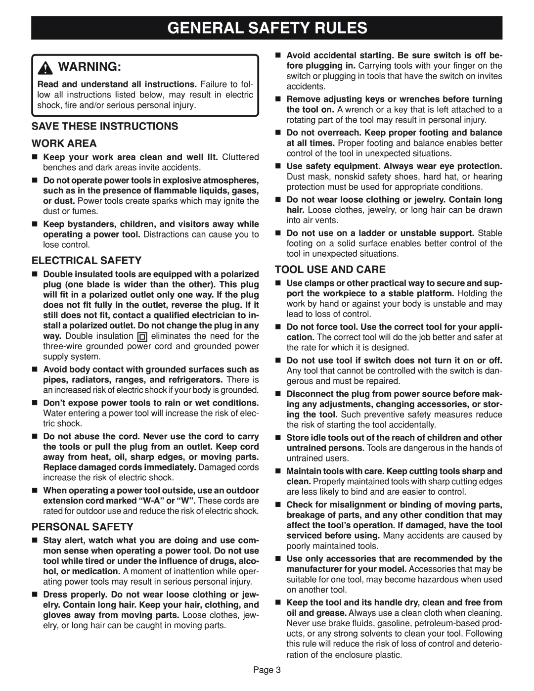 Ryobi RS2418 manual General Safety Rules, Work Area, Electrical Safety, Personal Safety, Tool USE and Care 