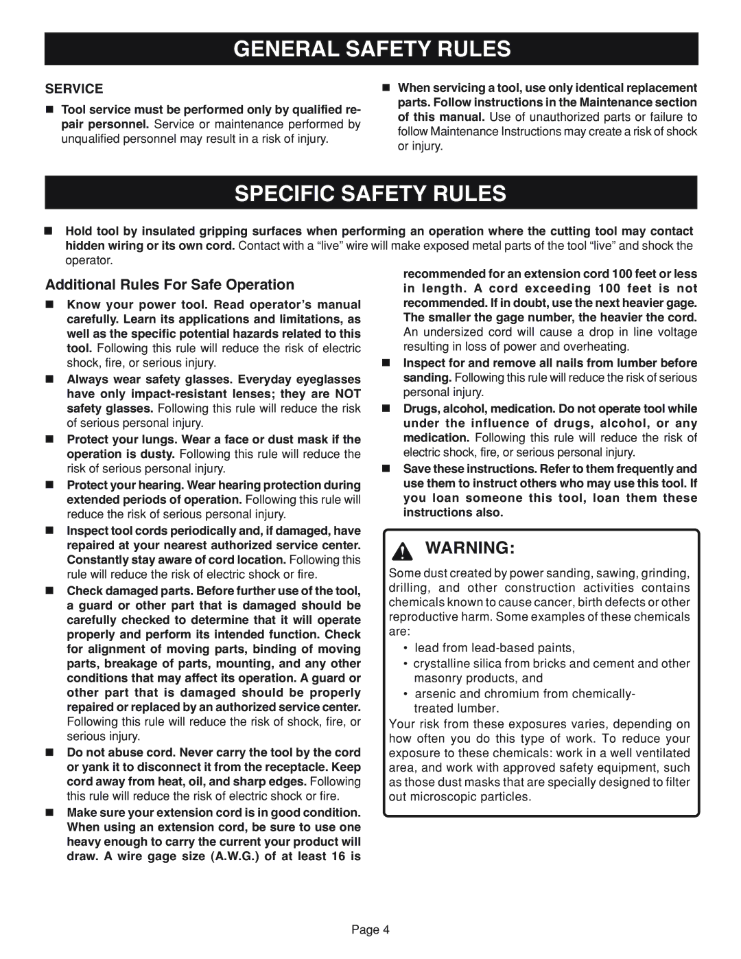 Ryobi RS2418 manual Specific Safety Rules, Service 