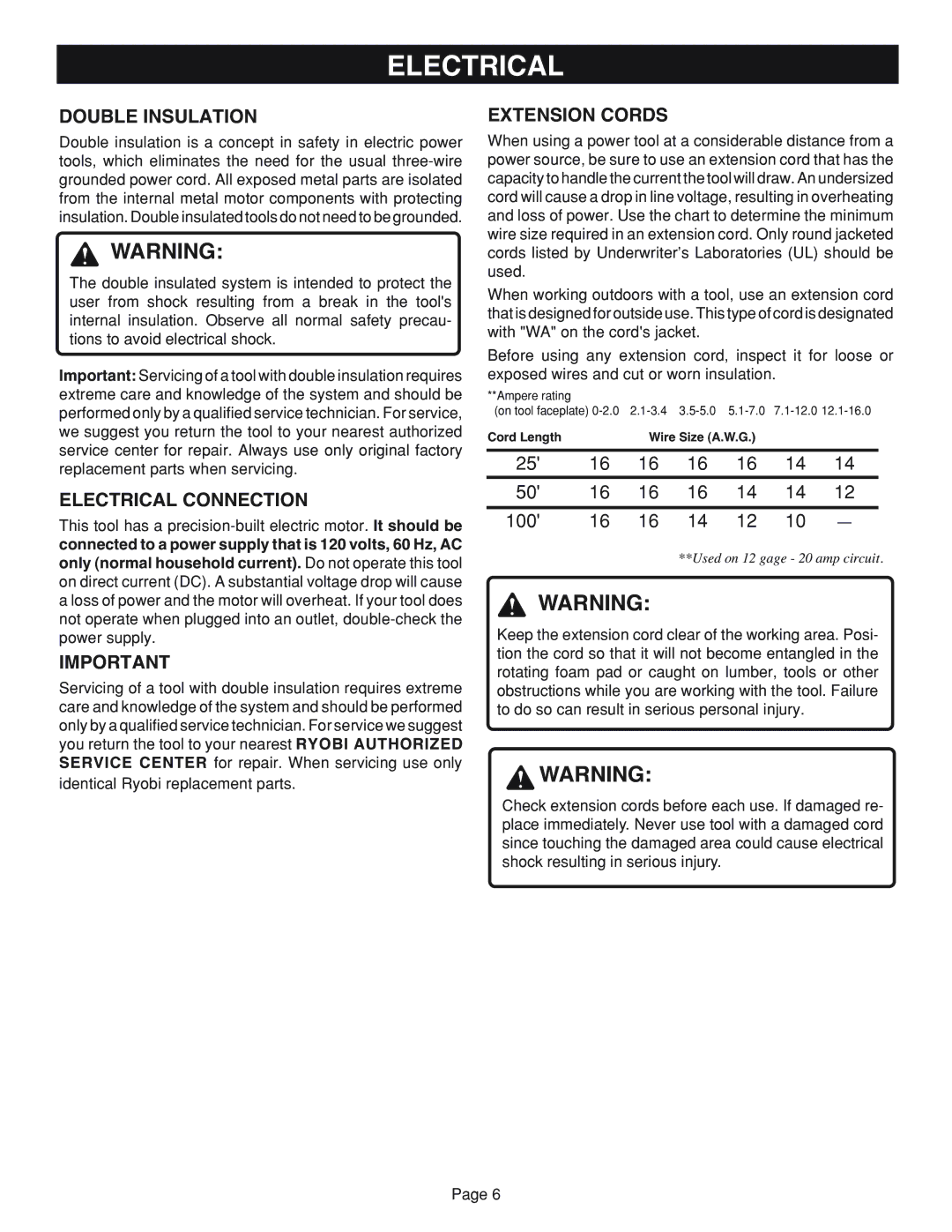 Ryobi RS2418 manual Double Insulation, Electrical Connection, Extension Cords 