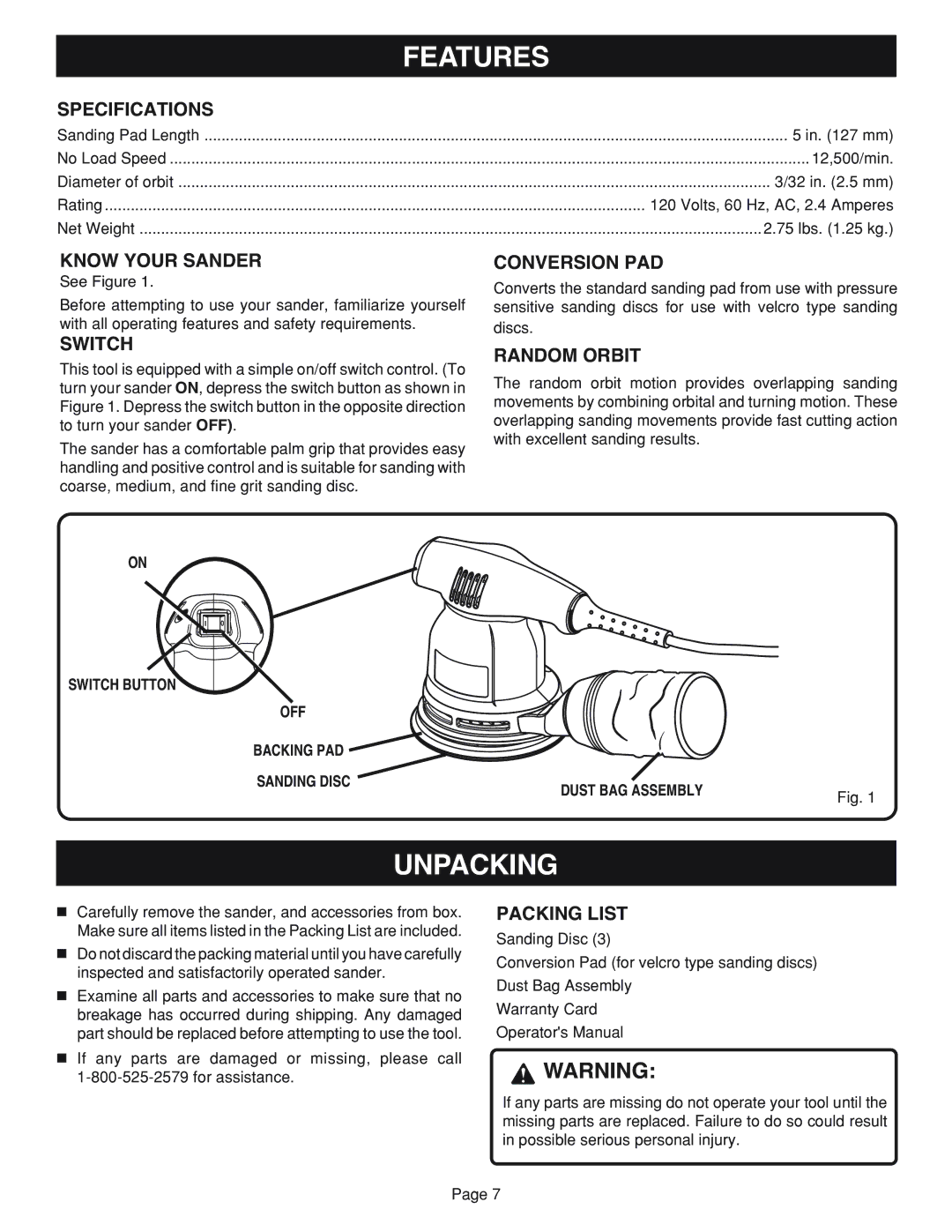 Ryobi RS2418 manual Features, Unpacking 