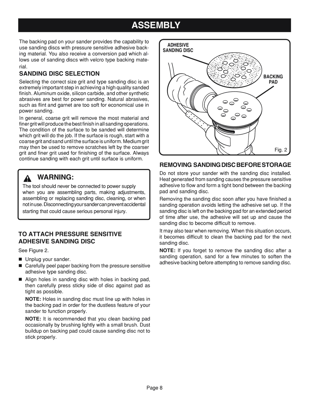 Ryobi RS2418 manual Assembly, Sanding Disc Selection, To Attach Pressure Sensitive Adhesive Sanding Disc 