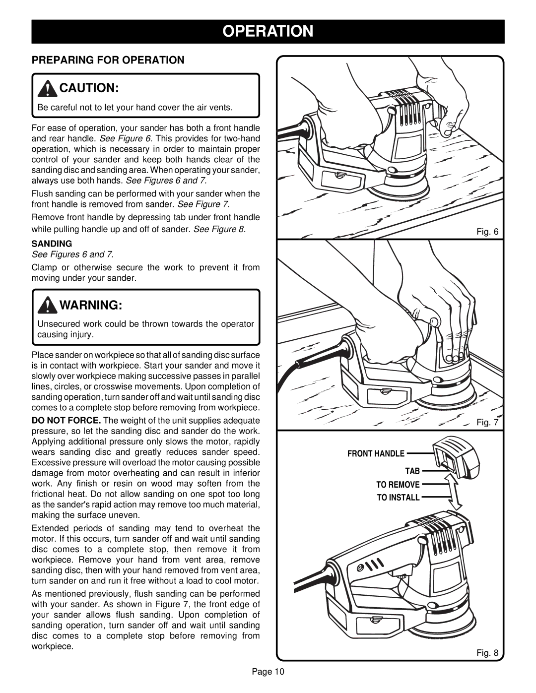 Ryobi RS280 specifications Preparing for Operation, Sanding, See Figures 6, Front Handle TAB to Remove To Install 