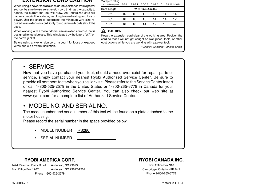 Ryobi RS280 specifications Double Insulated 