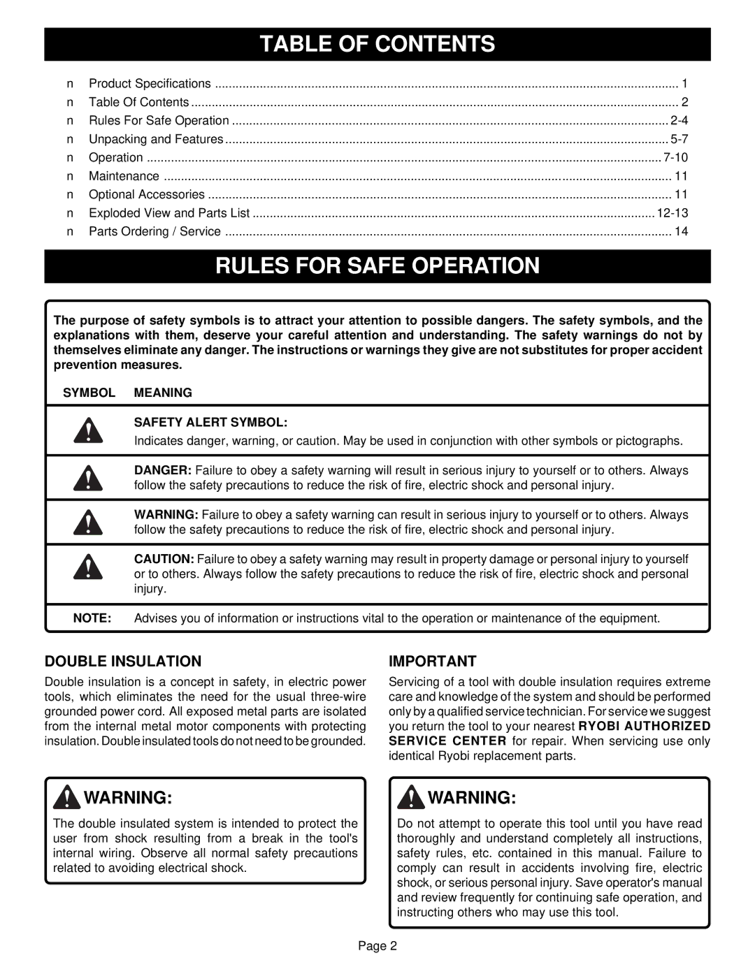 Ryobi RS280 specifications Rules for Safe Operation, Table of Contents 