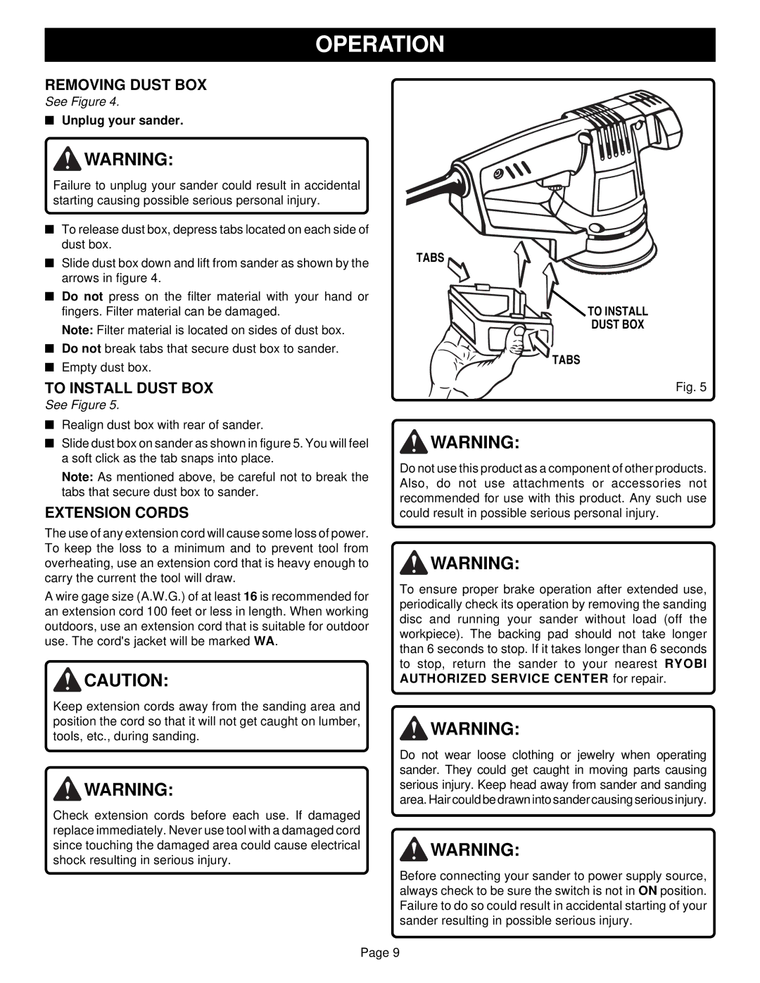 Ryobi RS280 specifications Removing Dust BOX, Extension Cords, Tabs To Install Dust BOX 