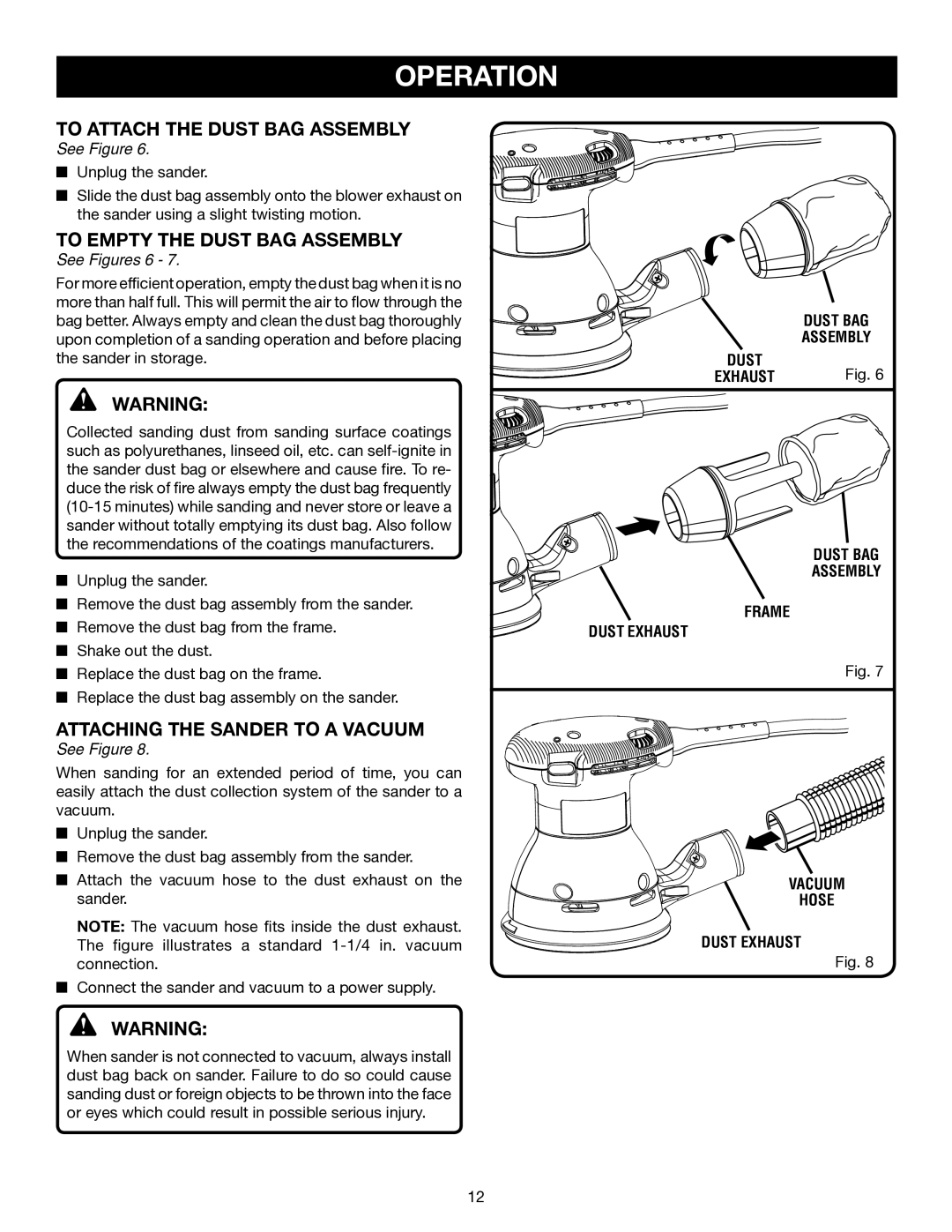 Ryobi RS281VS manual To Attach the Dust BAG Assembly, To Empty the Dust BAG Assembly, Attaching the Sander to a Vacuum 