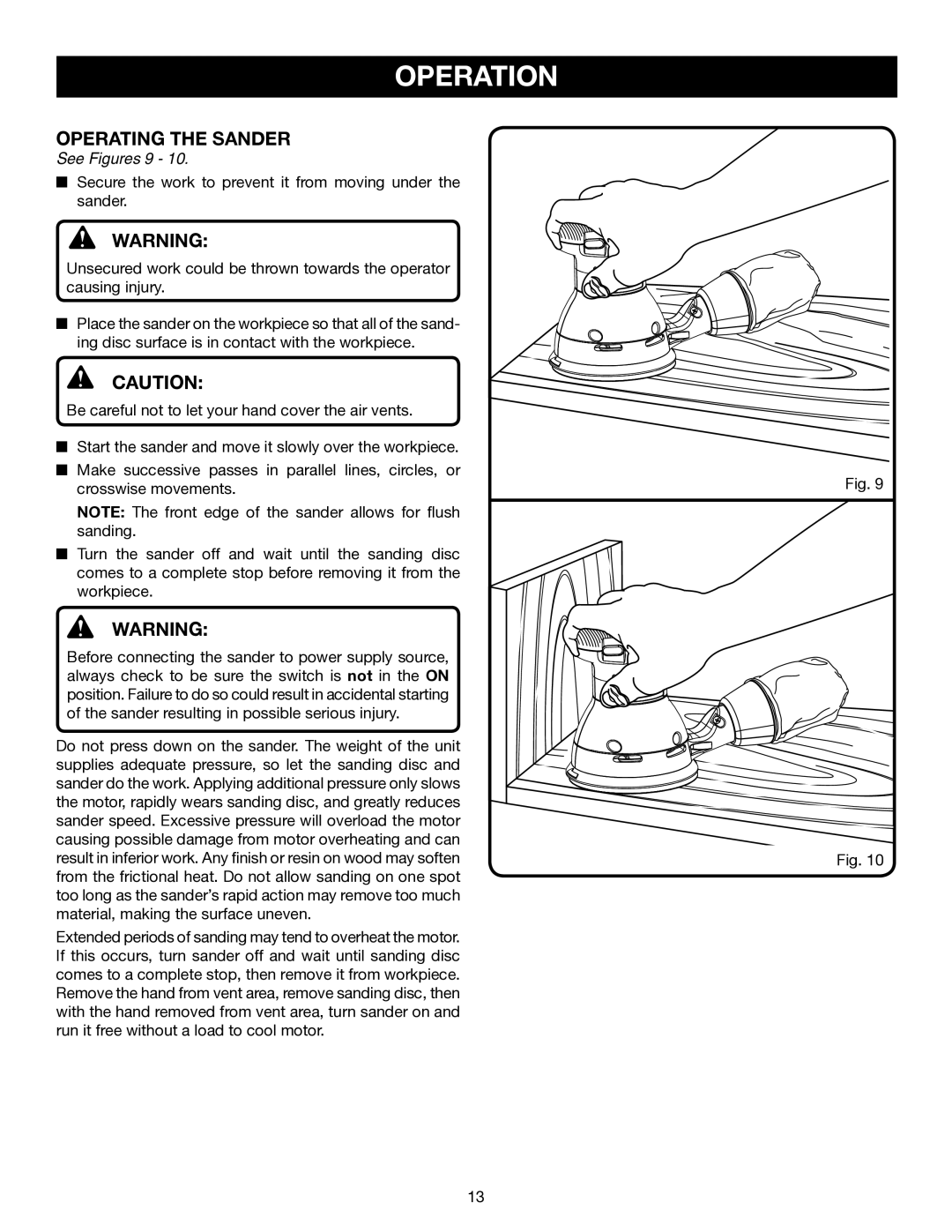 Ryobi RS281VS manual Operating the Sander, See Figures 9 