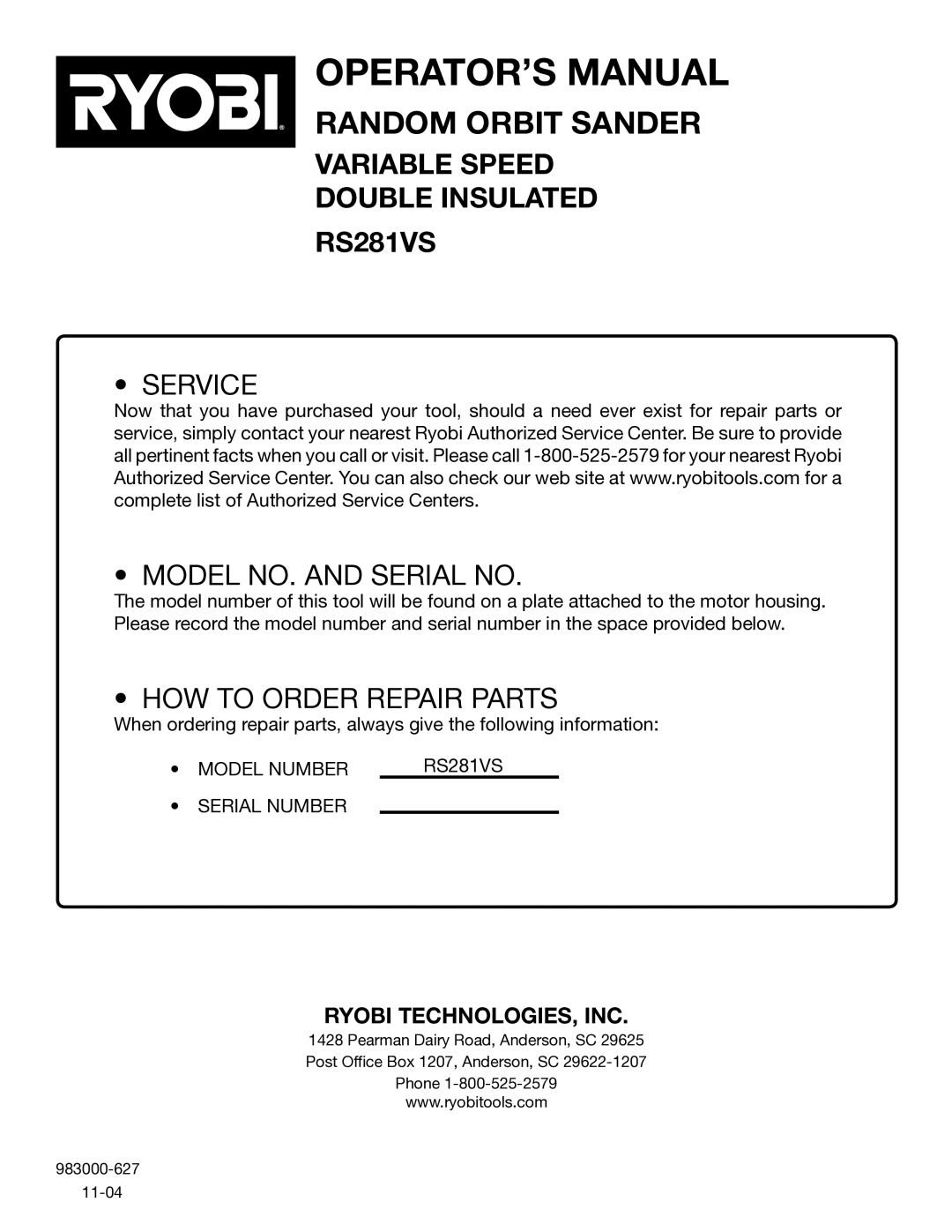 Ryobi RS281VS manual Service Model NO. and Serial no 