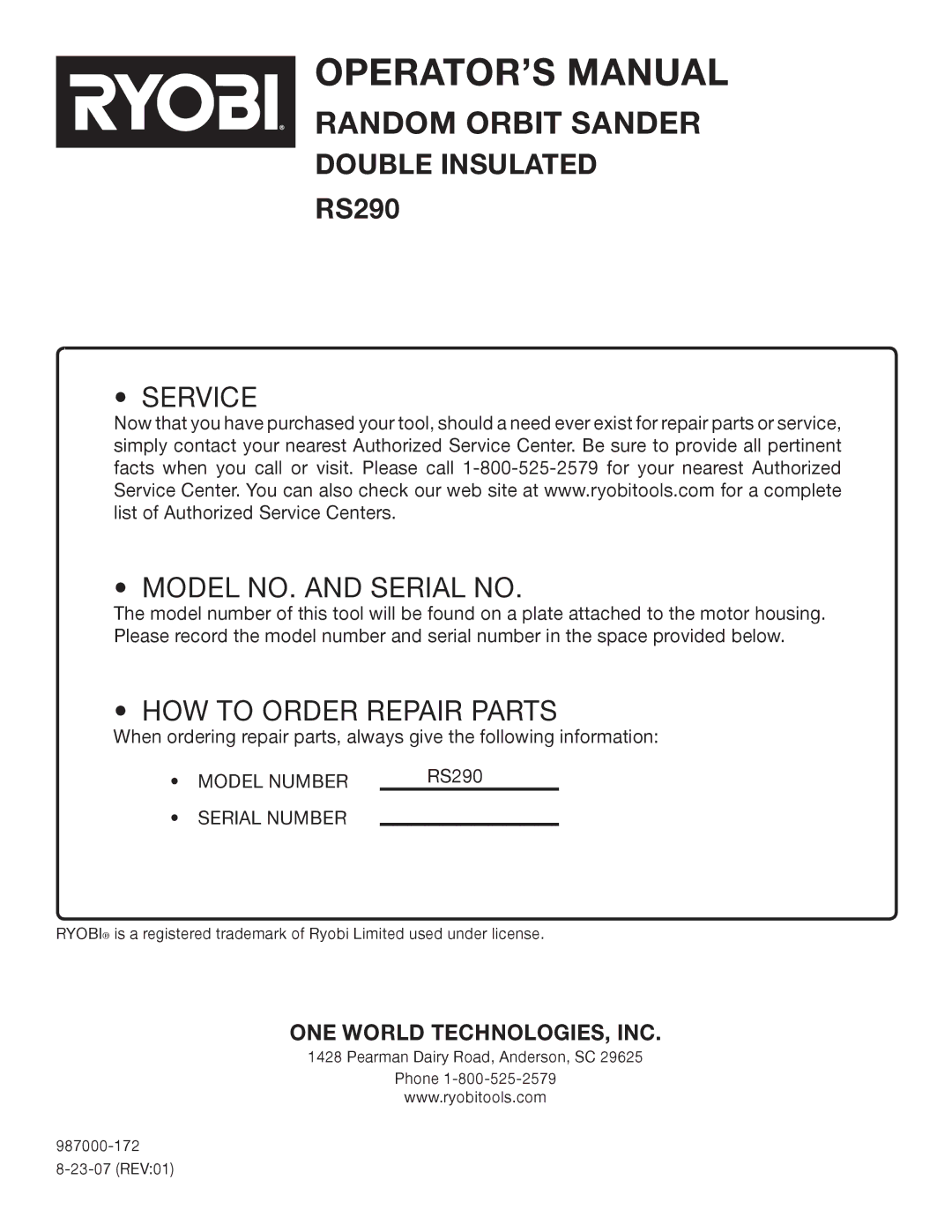 Ryobi RS290 manual Service Model NO. and Serial no 