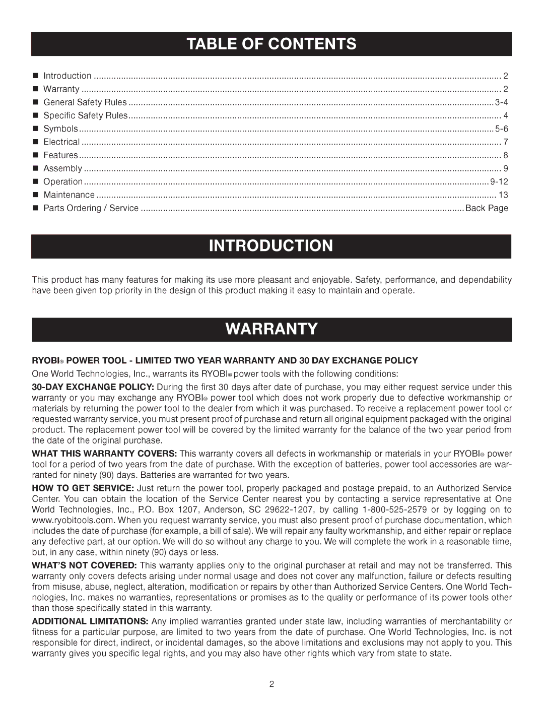 Ryobi RS290 manual Introduction, Table of Contents 