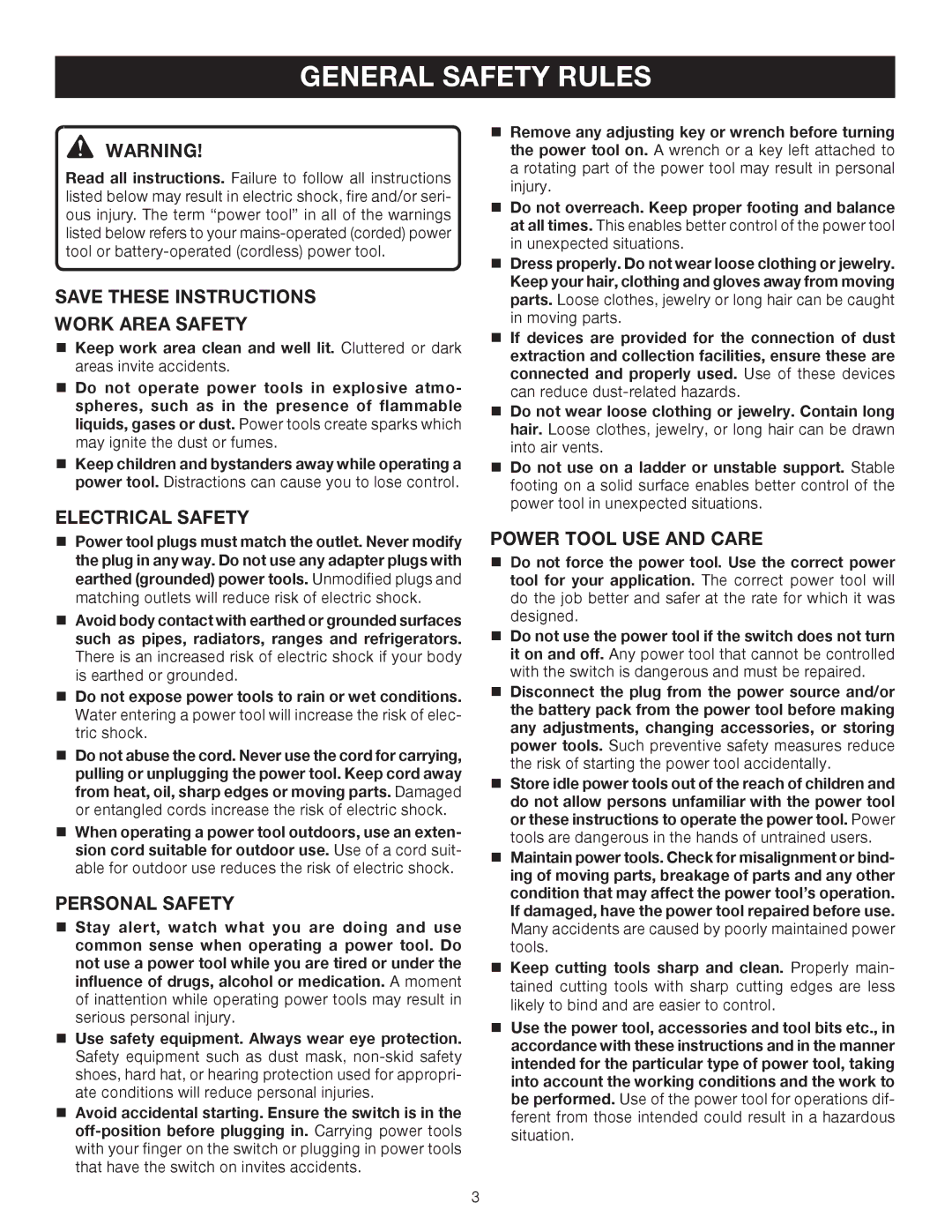 Ryobi RS290 manual General Safety Rules, Work Area Safety, Electrical Safety, Personal Safety, Power Tool USE and Care 