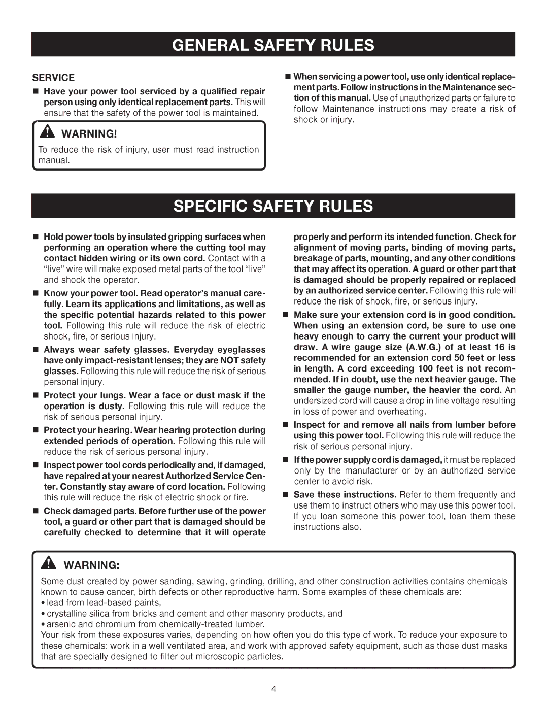 Ryobi RS290 manual Specific Safety Rules, Service 