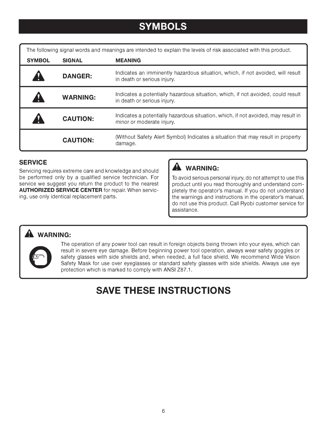 Ryobi RS290 manual Service, Symbol Signal Meaning 