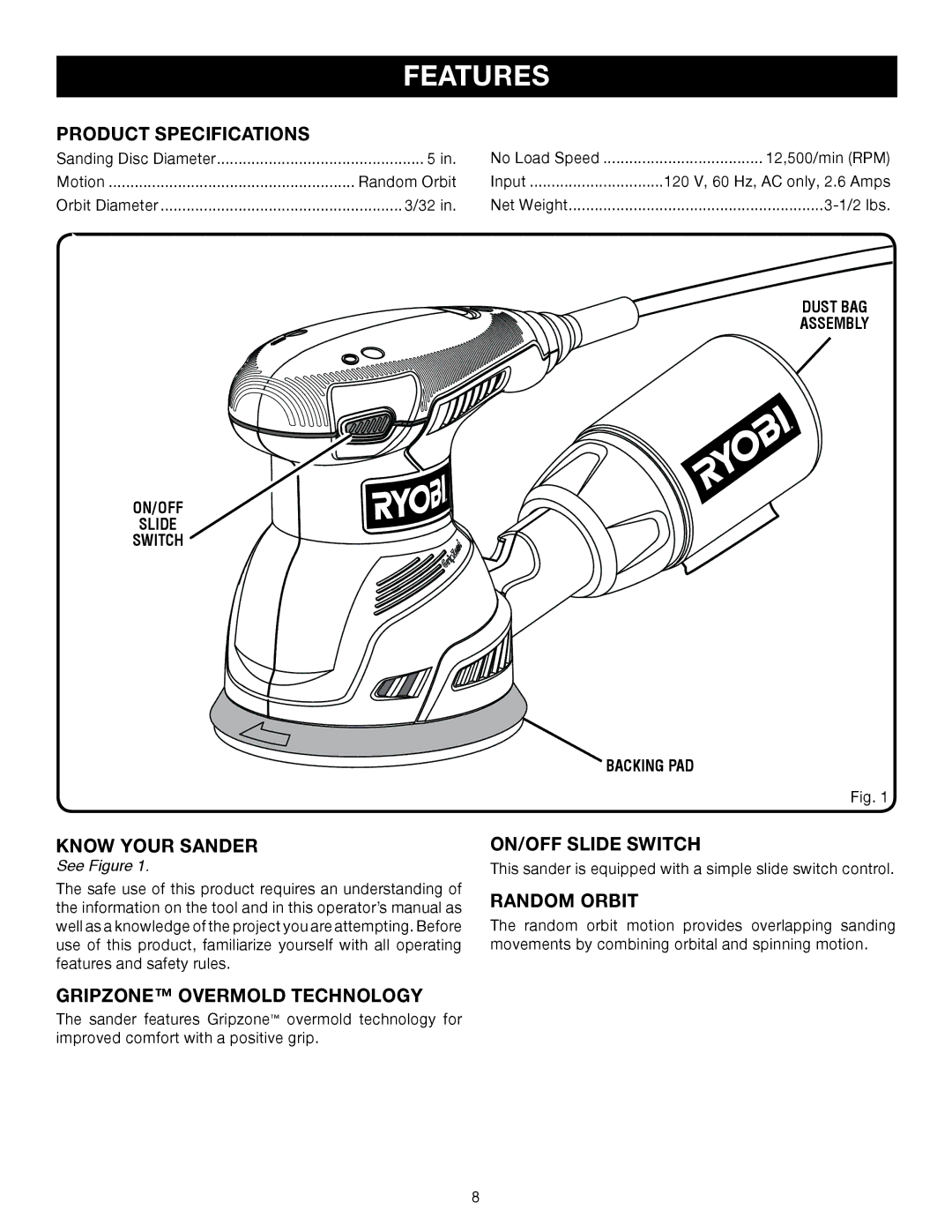 Ryobi RS290 manual Features, Product Specifications, Know Your Sander, ON/OFF Slide Switch, Random Orbit 