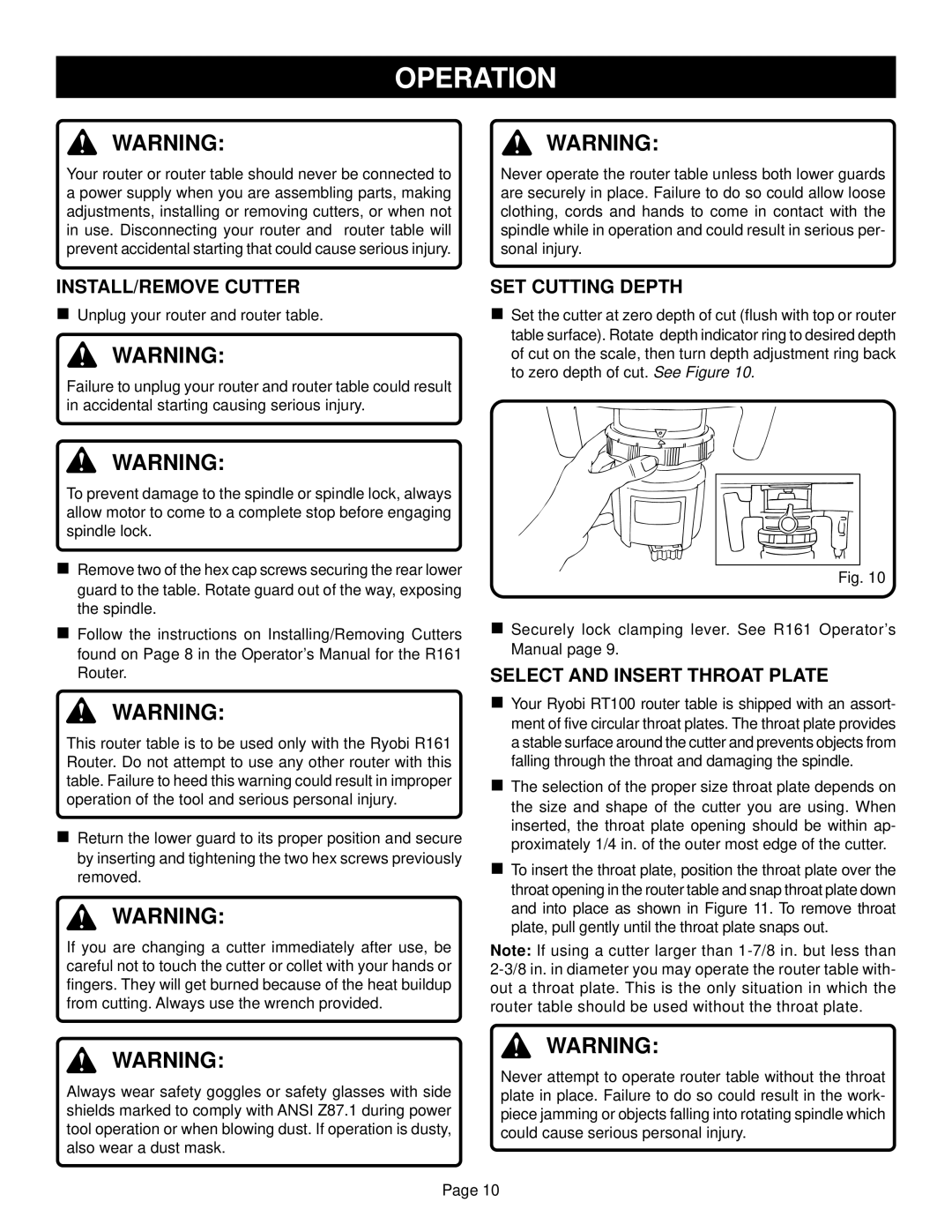 Ryobi RT100 warranty Operation, INSTALL/REMOVE Cutter, SET Cutting Depth, Select and Insert Throat Plate 