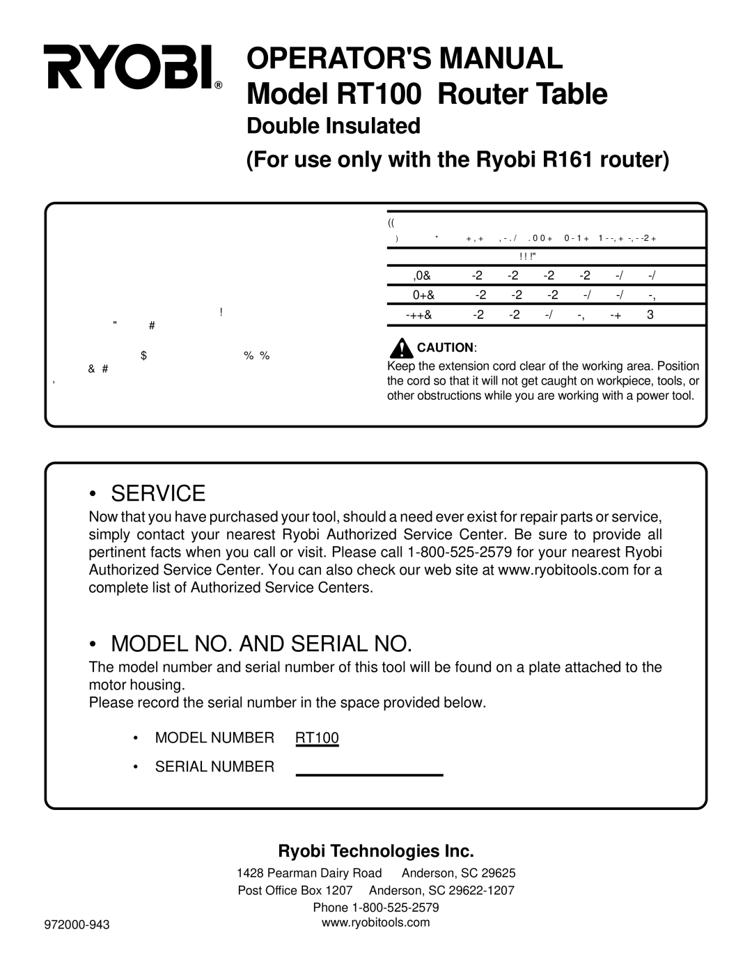 Ryobi warranty Operators Manual Model RT100 Router Table 