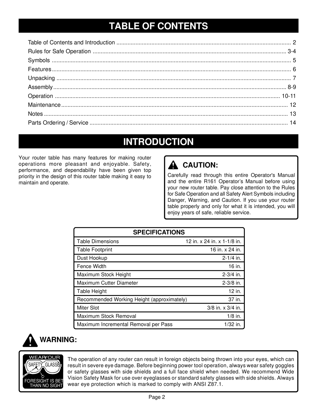 Ryobi RT100 warranty Introduction, Table of Contents 