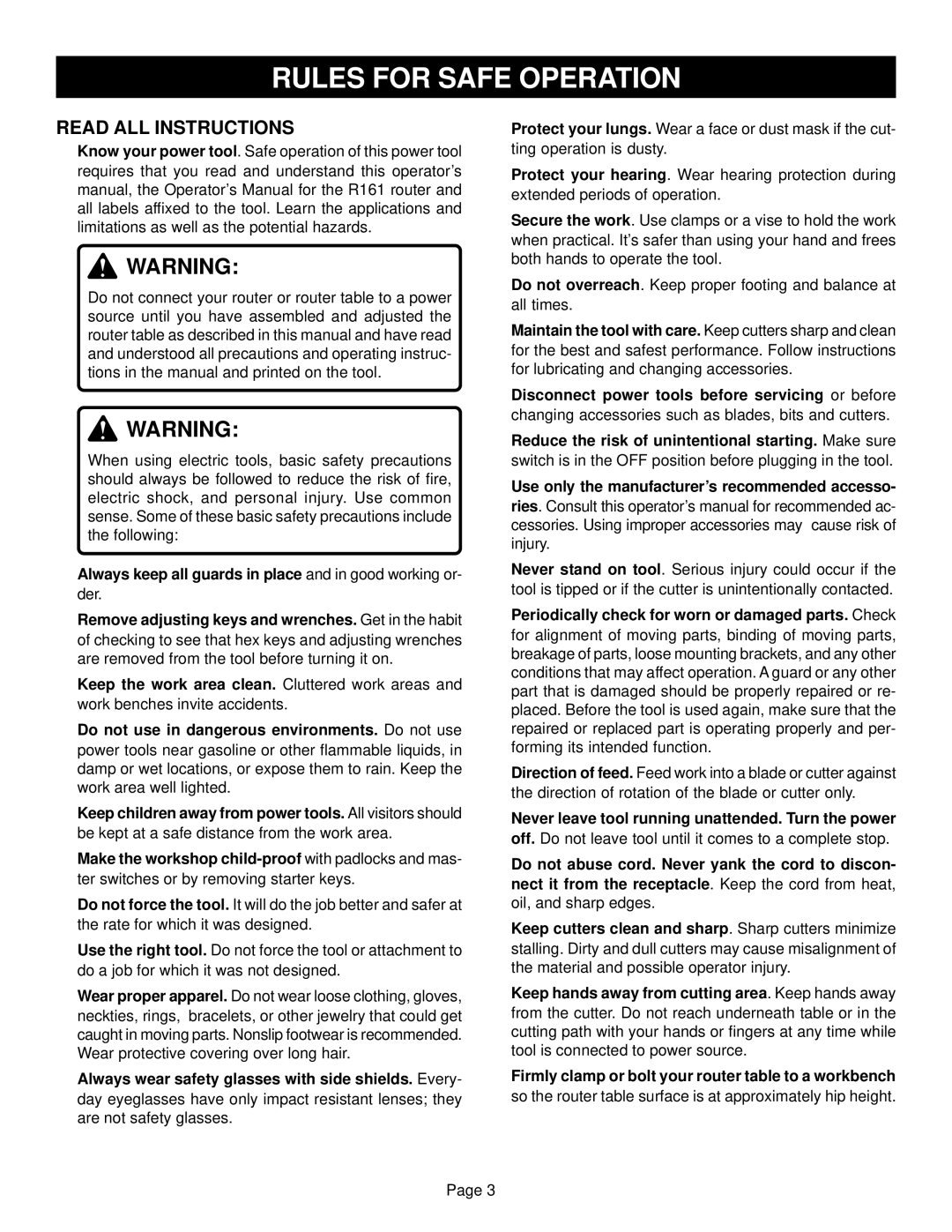 Ryobi RT100 warranty Rules for Safe Operation, Read ALL Instructions 