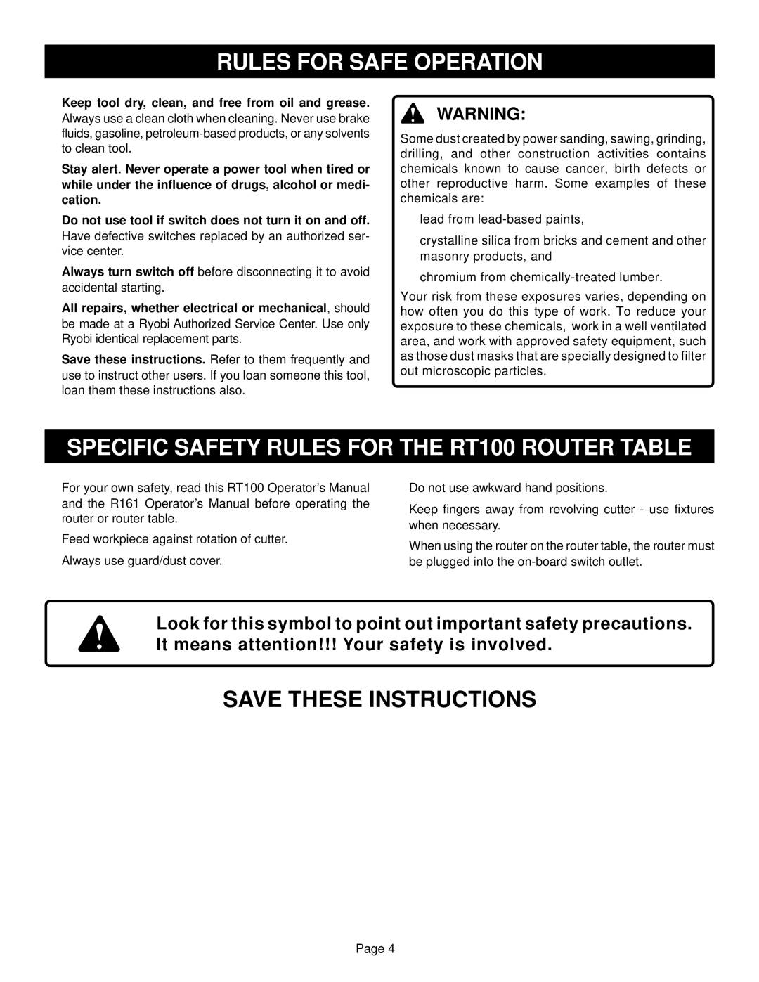 Ryobi warranty Specific Safety Rules for the RT100 Router Table 