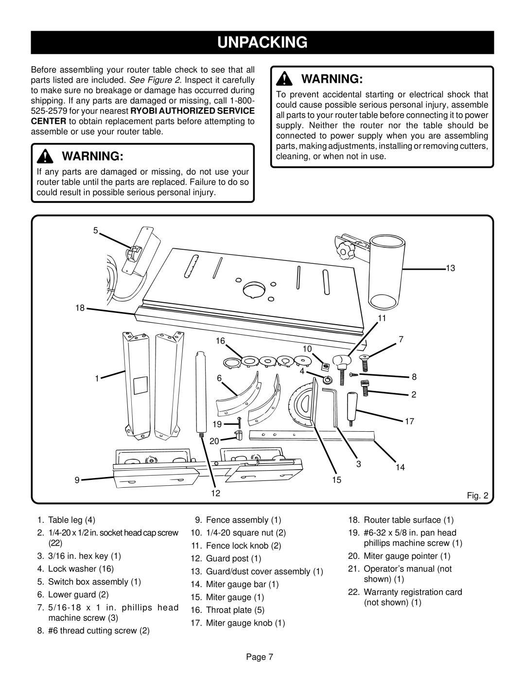 Ryobi RT100 warranty Unpacking 