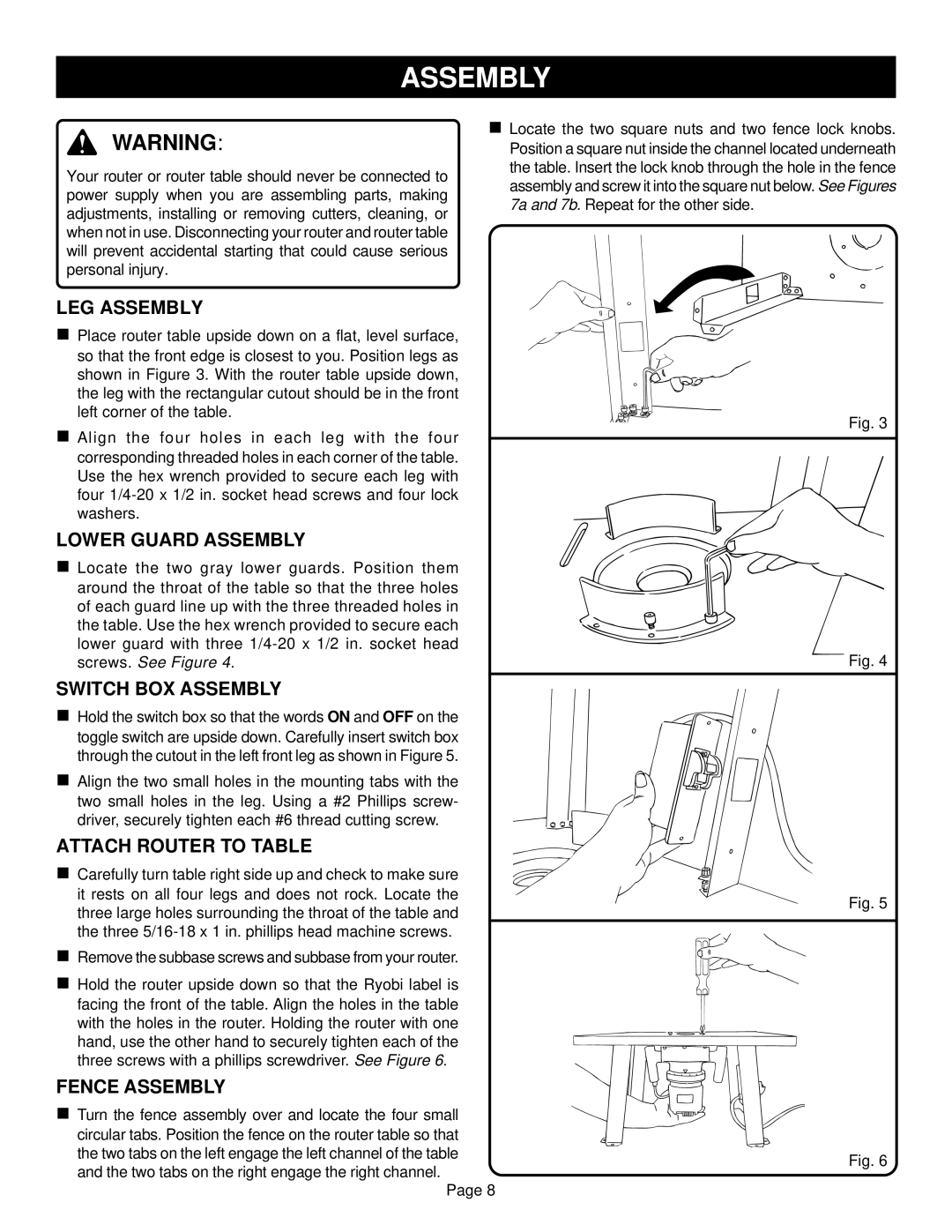 Ryobi RT100 warranty LEG Assembly, Lower Guard Assembly, Switch BOX Assembly, Attach Router to Table 