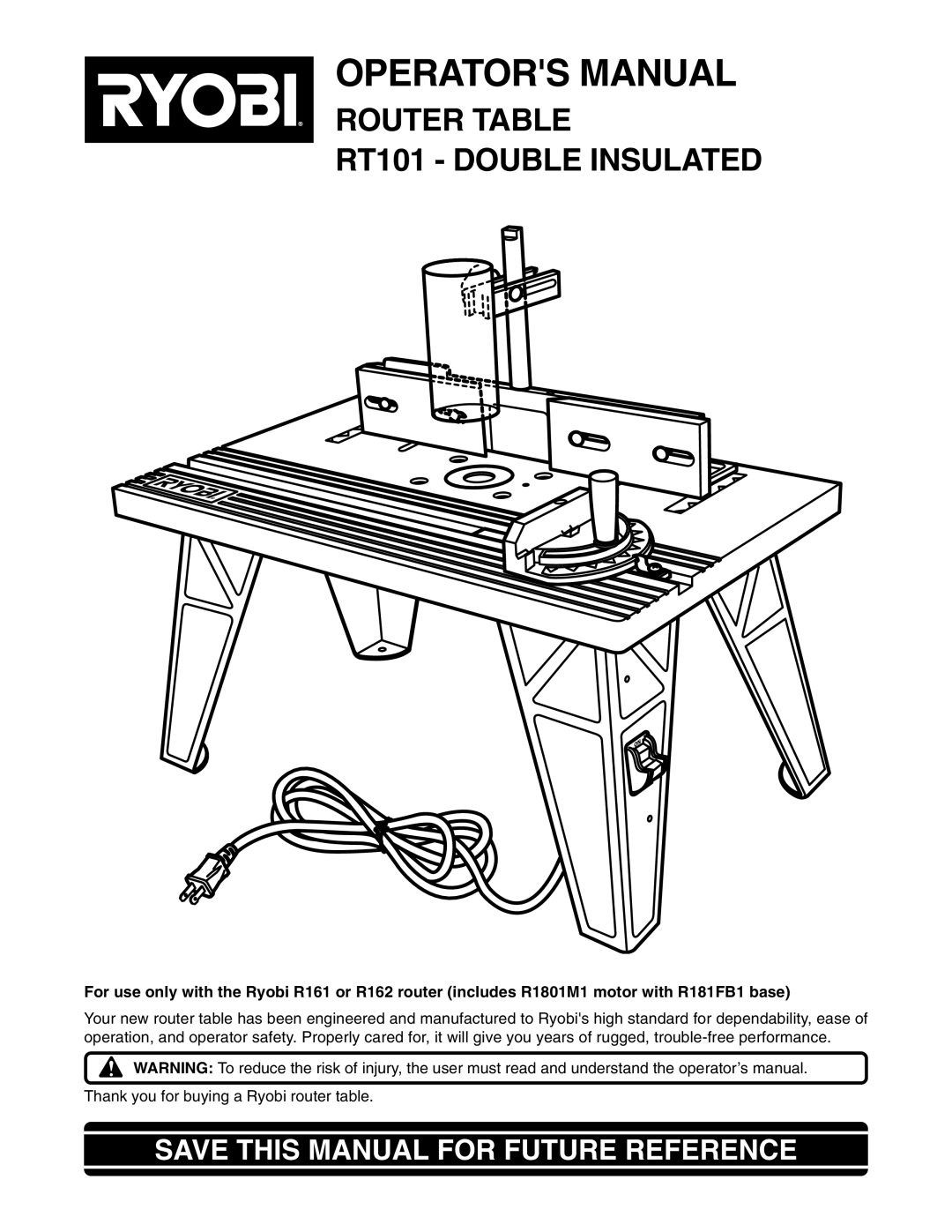 Ryobi RT101 manual Operators Manual, Save this Manual for Future Reference 