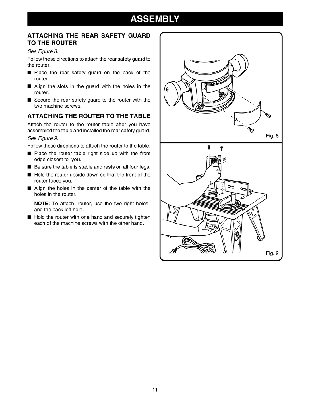 Ryobi RT101 manual Attaching the Rear Safety Guard To the Router, Attaching the Router to the Table 