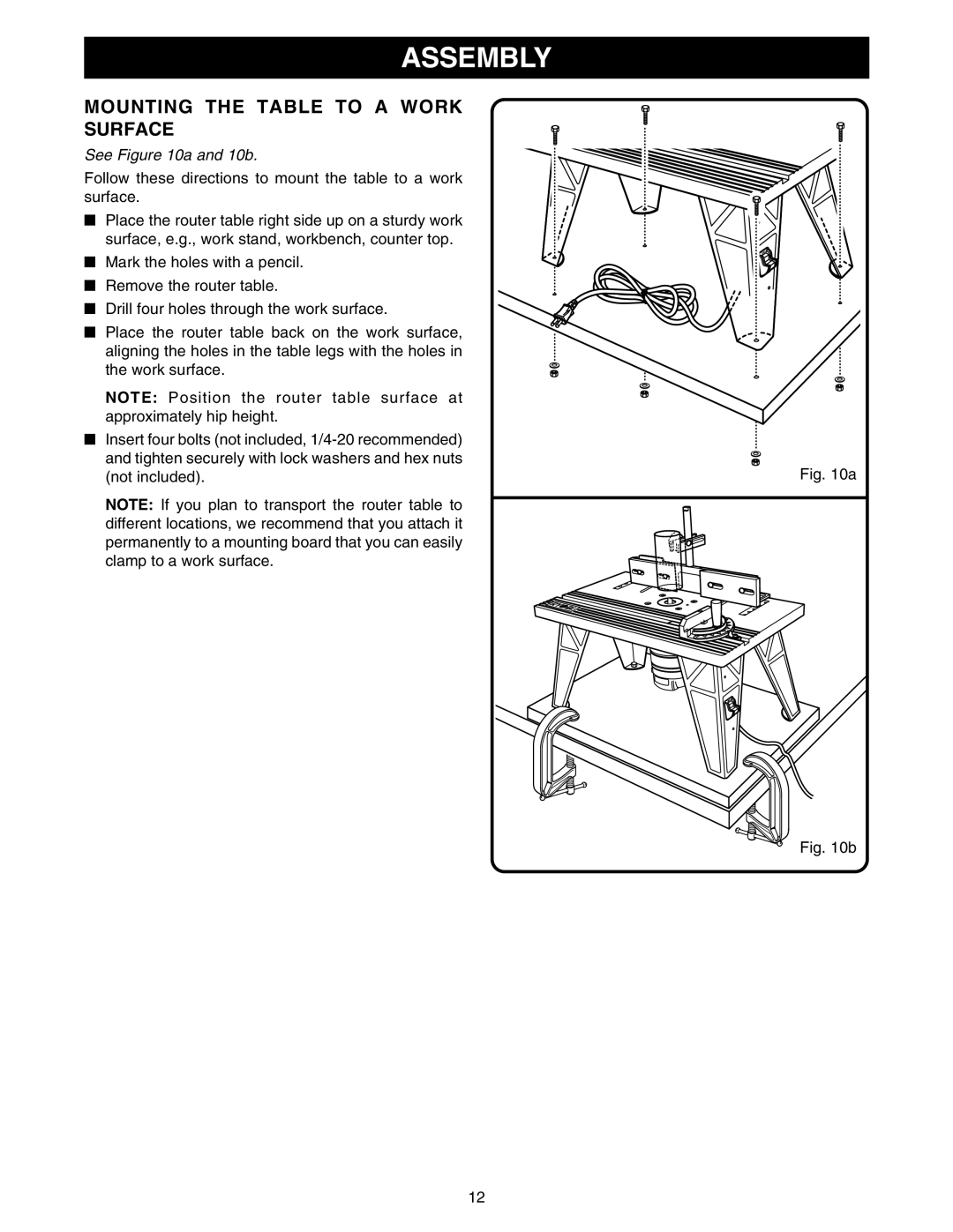 Ryobi RT101 manual Mounting the Table to a Work Surface, See a and 10b 