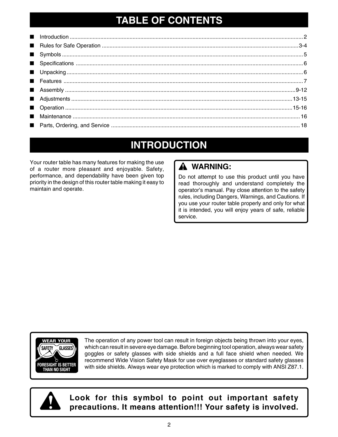 Ryobi RT101 manual Introduction, Table of Contents 