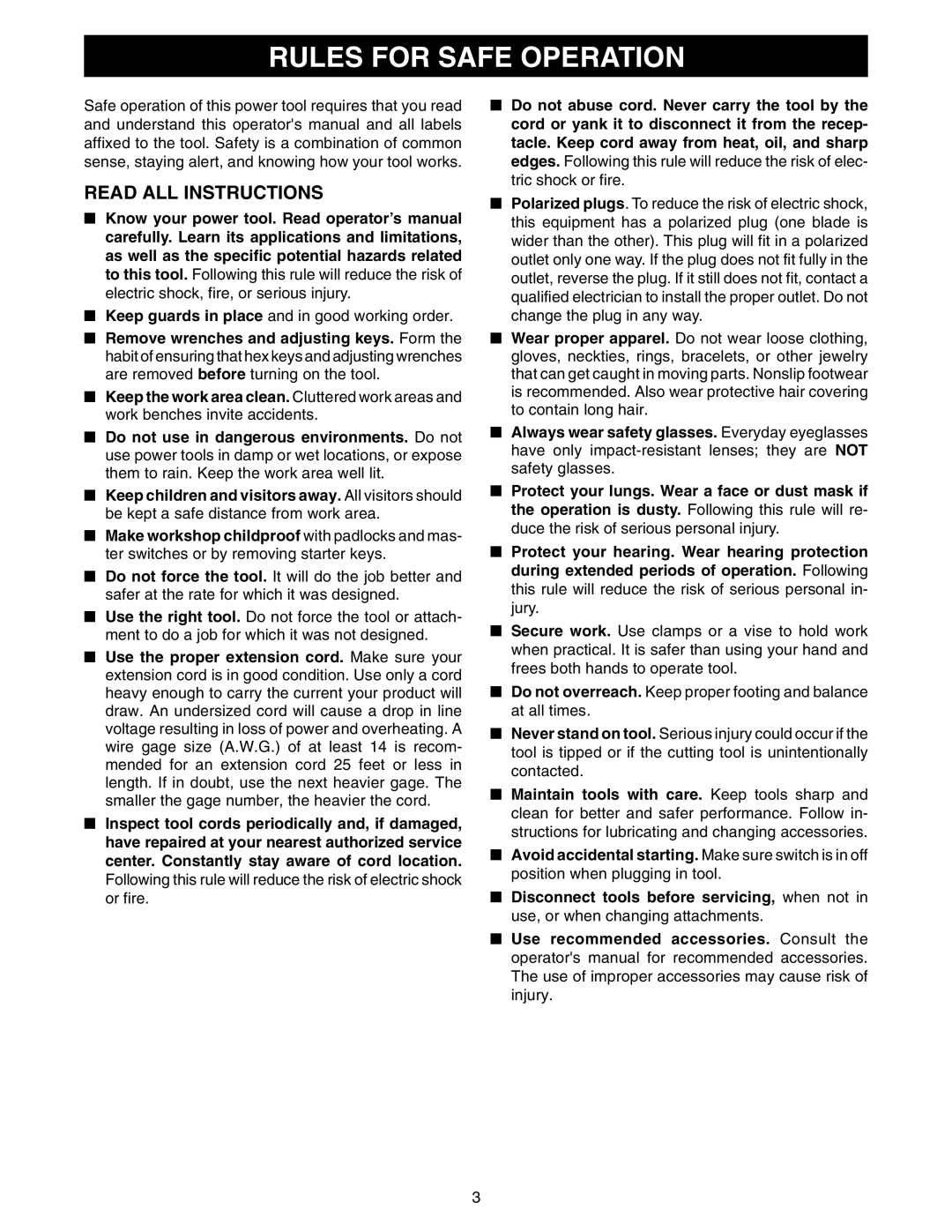 Ryobi RT101 manual Rules for Safe Operation, Read ALL Instructions 