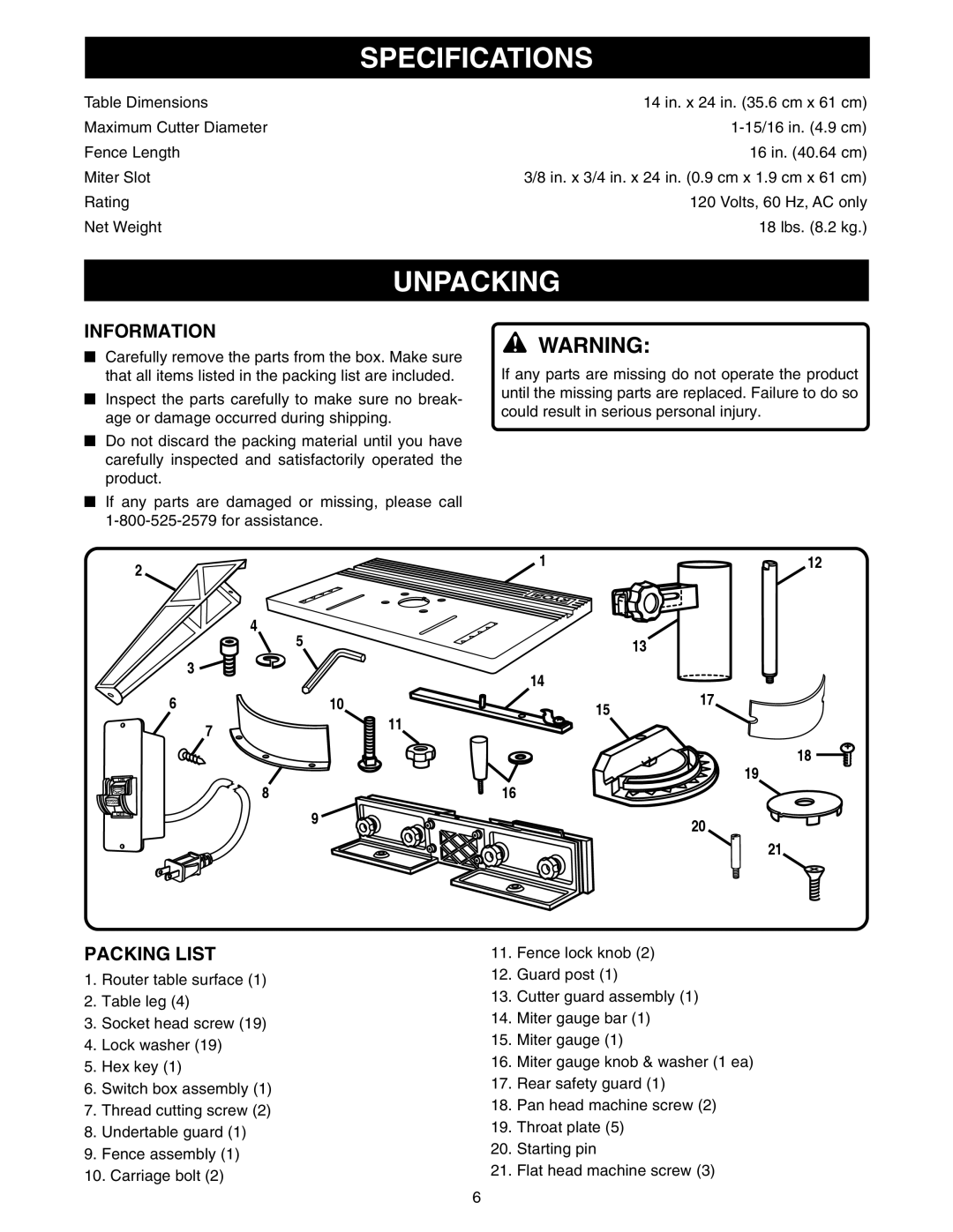 Ryobi RT101 manual Specifications, Unpacking, Information, Packing List 