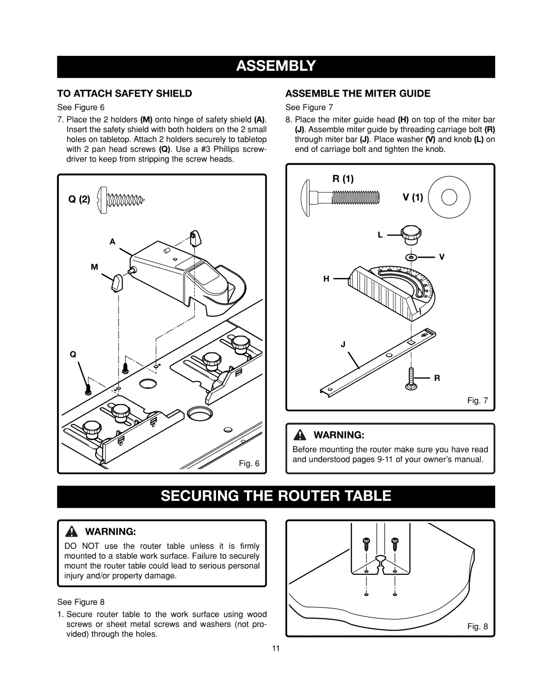 Ryobi RT401W manual Securing the Router Table, To Attach Safety Shield, Assemble the Miter Guide 