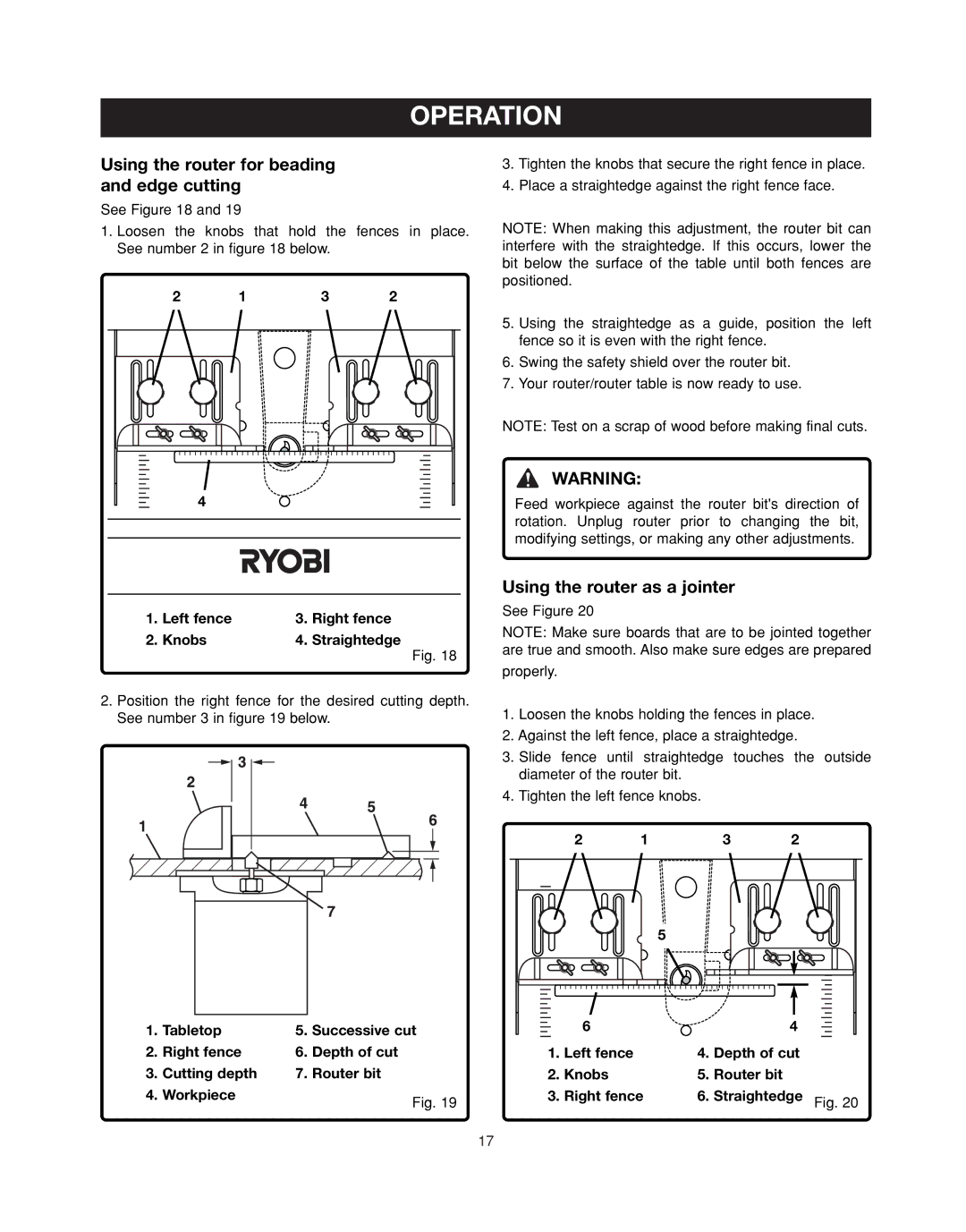 Ryobi RT401W manual Using the router for beading, Edge cutting, Using the router as a jointer 