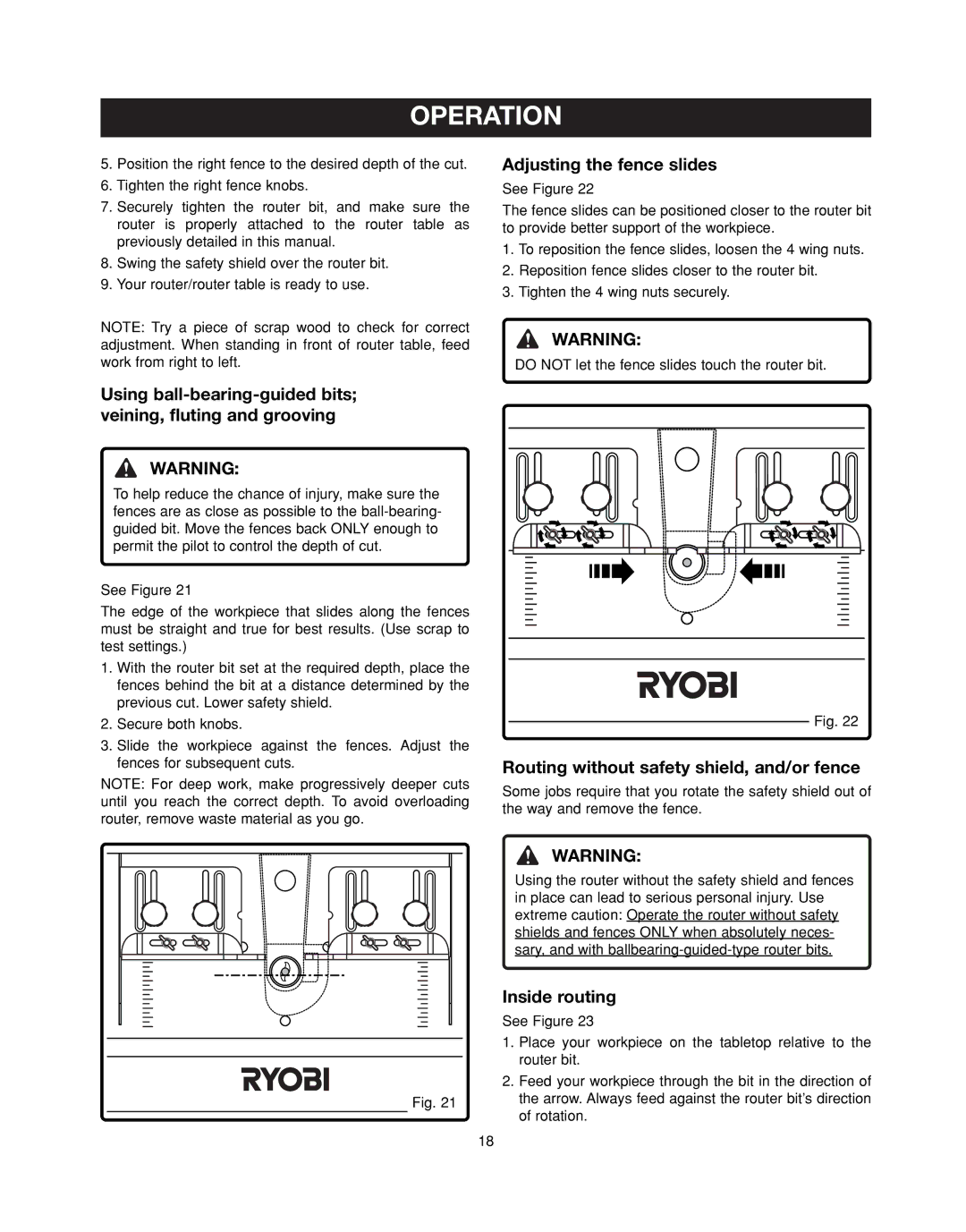 Ryobi RT401W manual Adjusting the fence slides, Routing without safety shield, and/or fence, Inside routing 