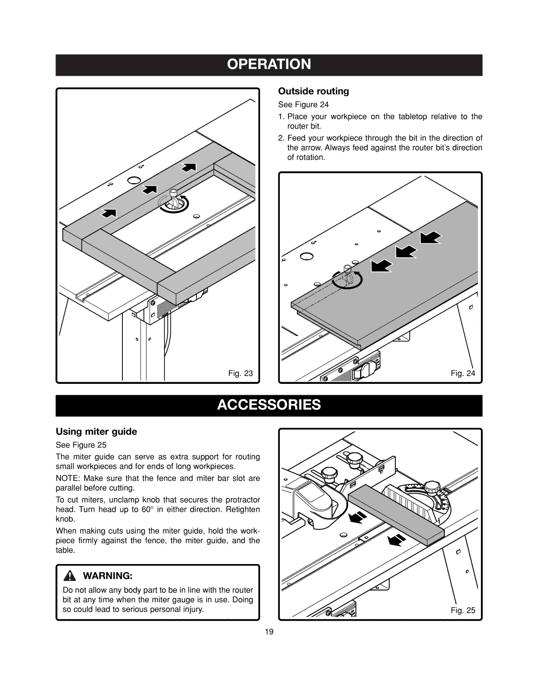 Ryobi RT401W manual Accessories, Outside routing, Using miter guide 