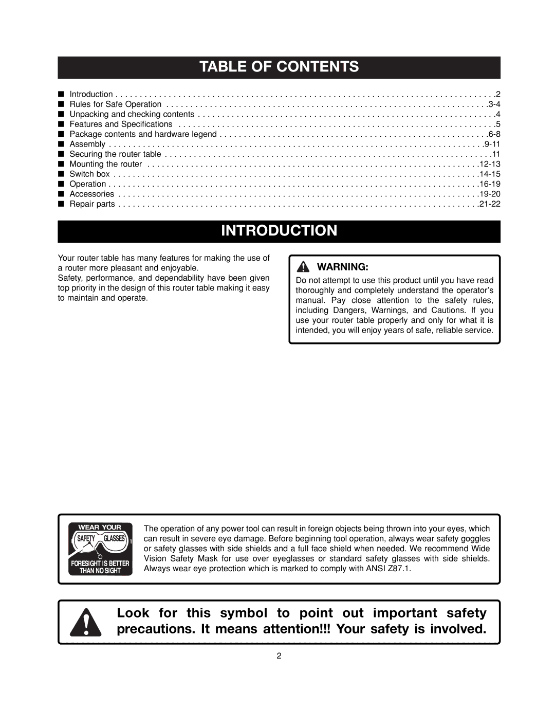 Ryobi RT401W manual Table of Contents, Introduction 