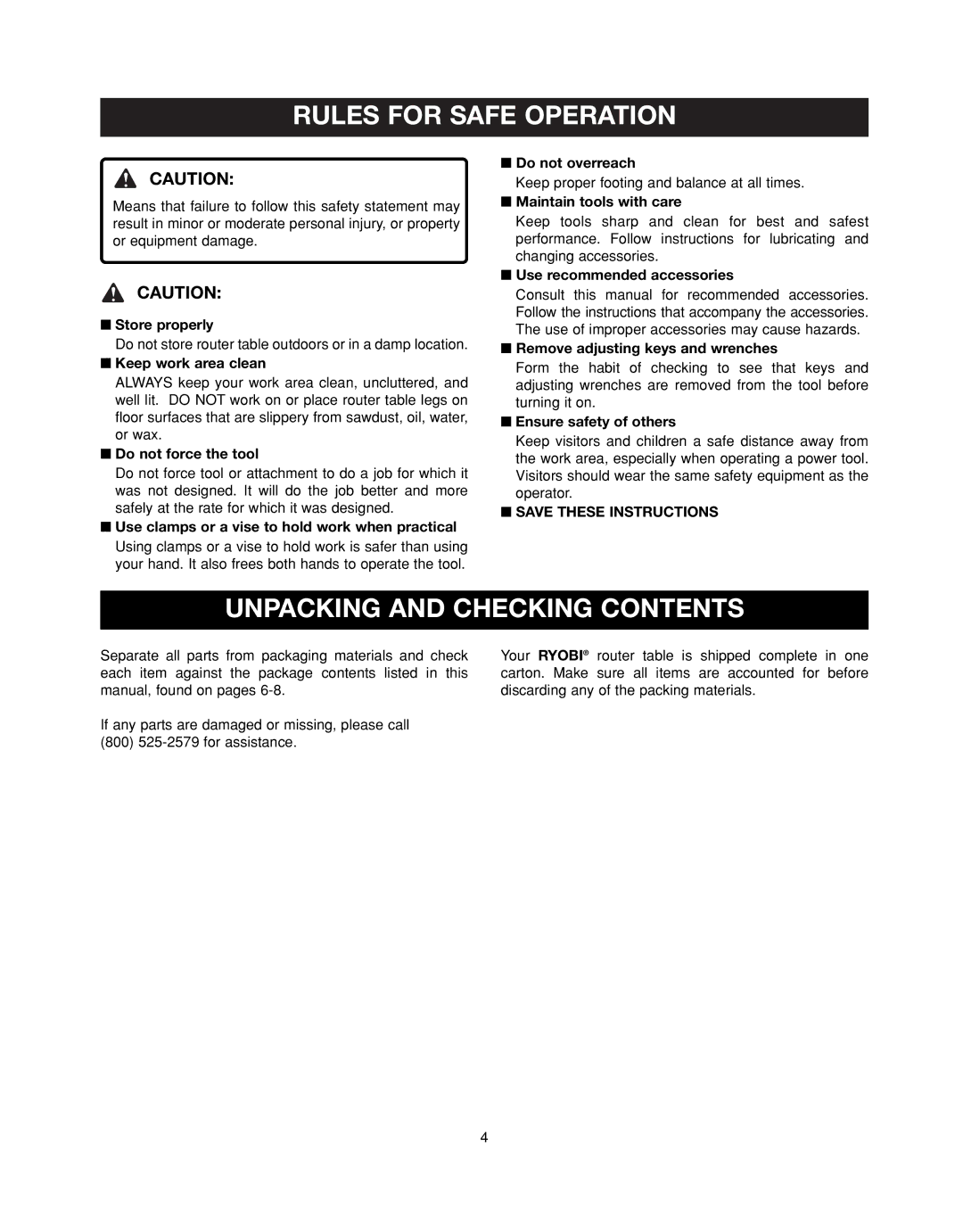 Ryobi RT401W manual Unpacking and Checking Contents 