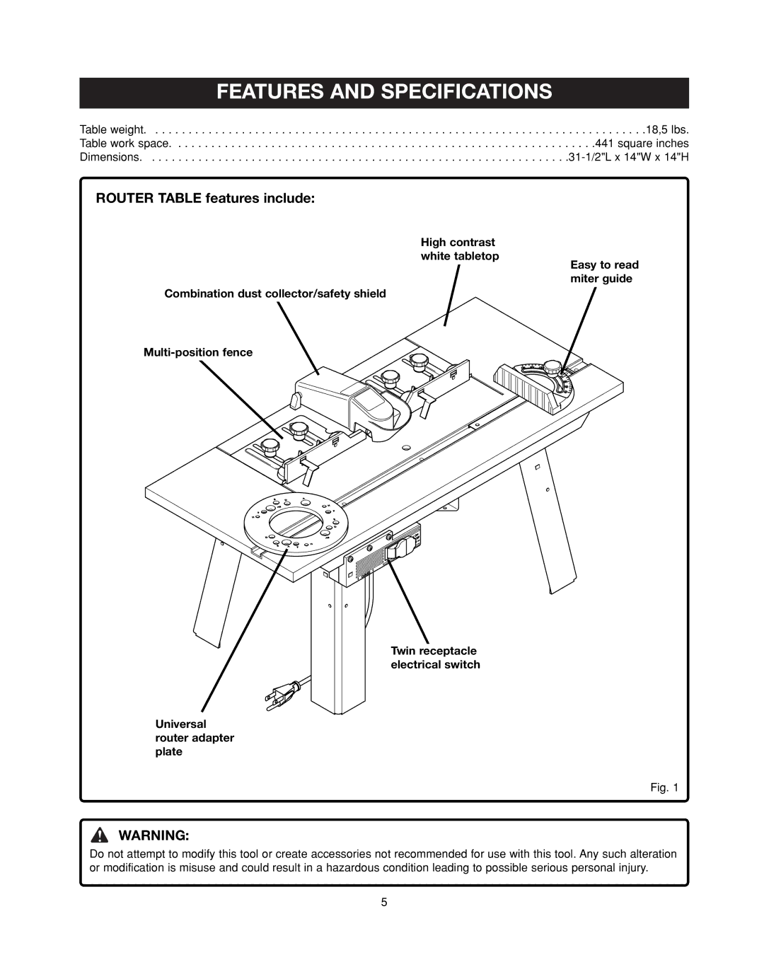 Ryobi RT401W manual Features and Specifications, Router Table features include 