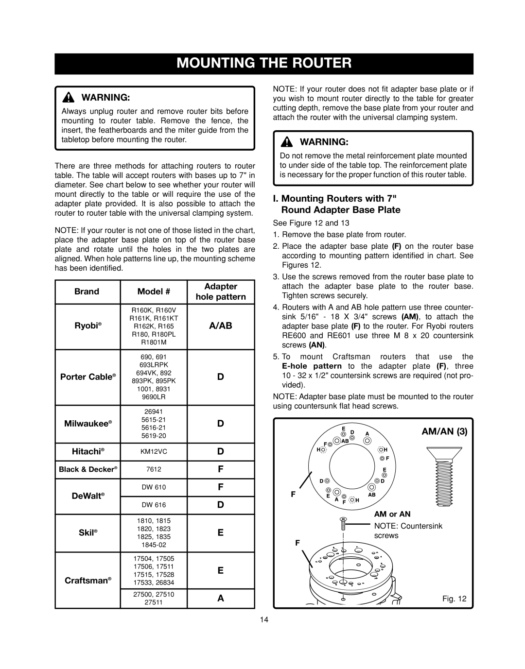 Ryobi RT501W manual Mounting the Router, Mounting Routers with Round Adapter Base Plate, Am/An, Hole pattern, AM or AN 