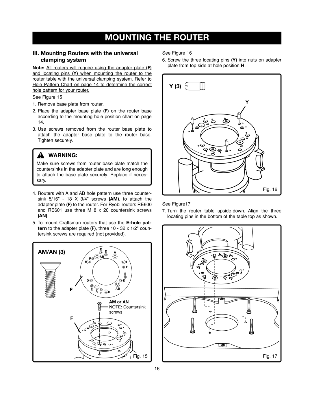 Ryobi RT501W manual III. Mounting Routers with the universal clamping system 