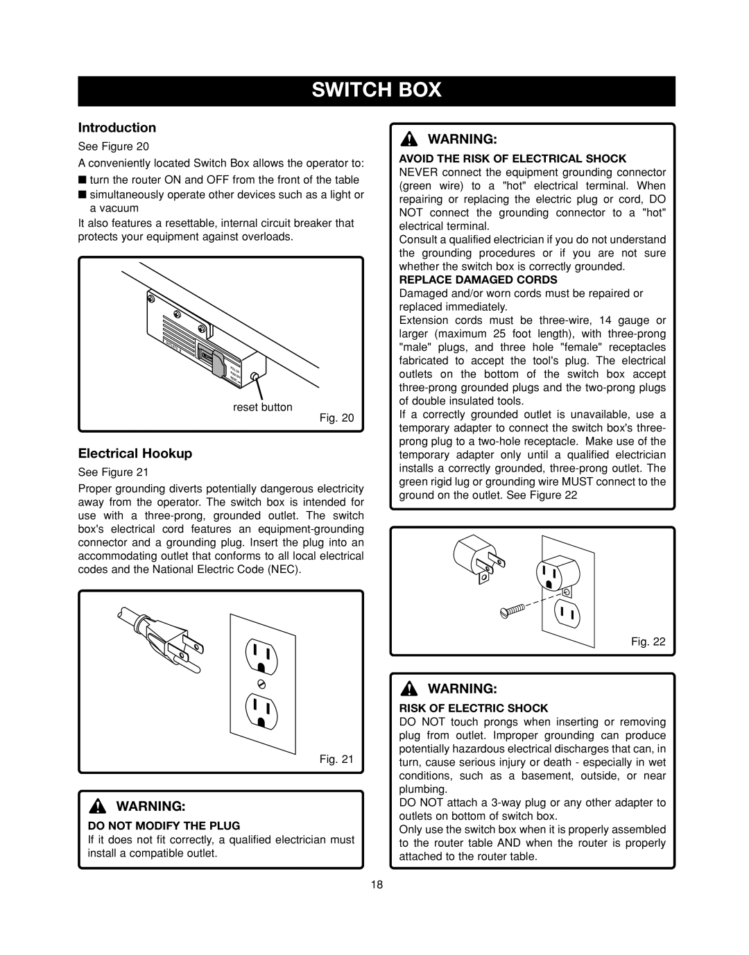 Ryobi RT501W manual Switch BOX, Introduction, Electrical Hookup 