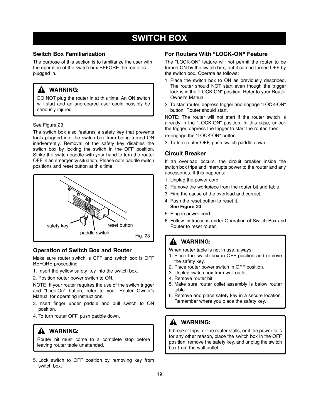 Ryobi RT501W Switch Box Familiarization, Operation of Switch Box and Router, For Routers With LOCK-ON Feature, See Figure 