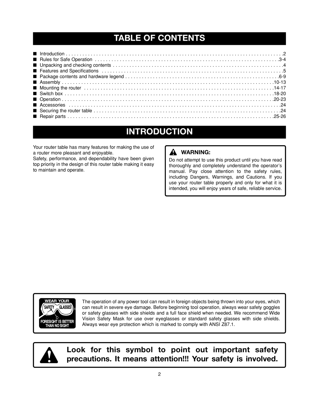 Ryobi RT501W manual Table of Contents, Introduction 