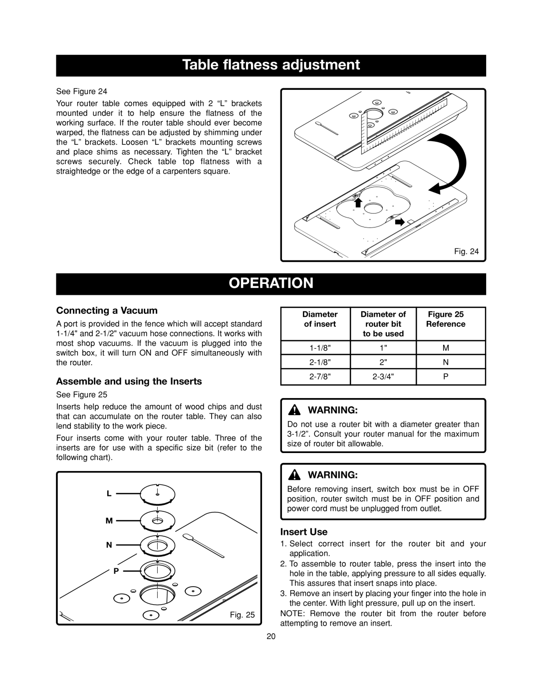 Ryobi RT501W manual Operation, Connecting a Vacuum, Assemble and using the Inserts, Insert Use 