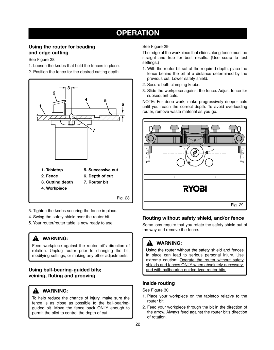 Ryobi RT501W Using the router for beading and edge cutting, Routing without safety shield, and/or fence, Inside routing 