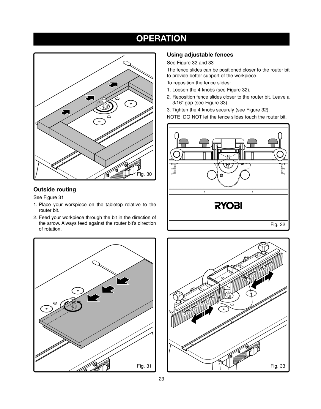 Ryobi RT501W manual Outside routing, Using adjustable fences 