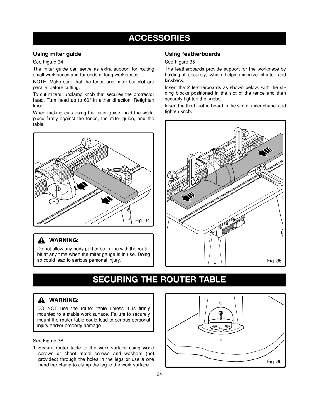 Ryobi RT501W manual Accessories, Securing the Router Table, Using miter guide, Using featherboards 