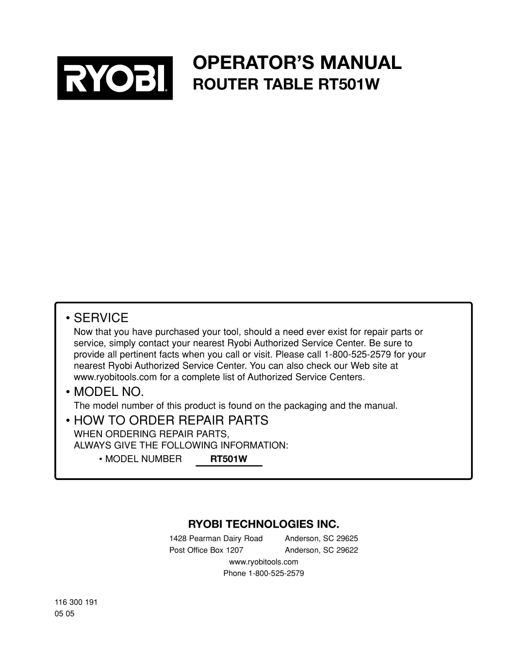 Ryobi RT501W manual Service Model no 