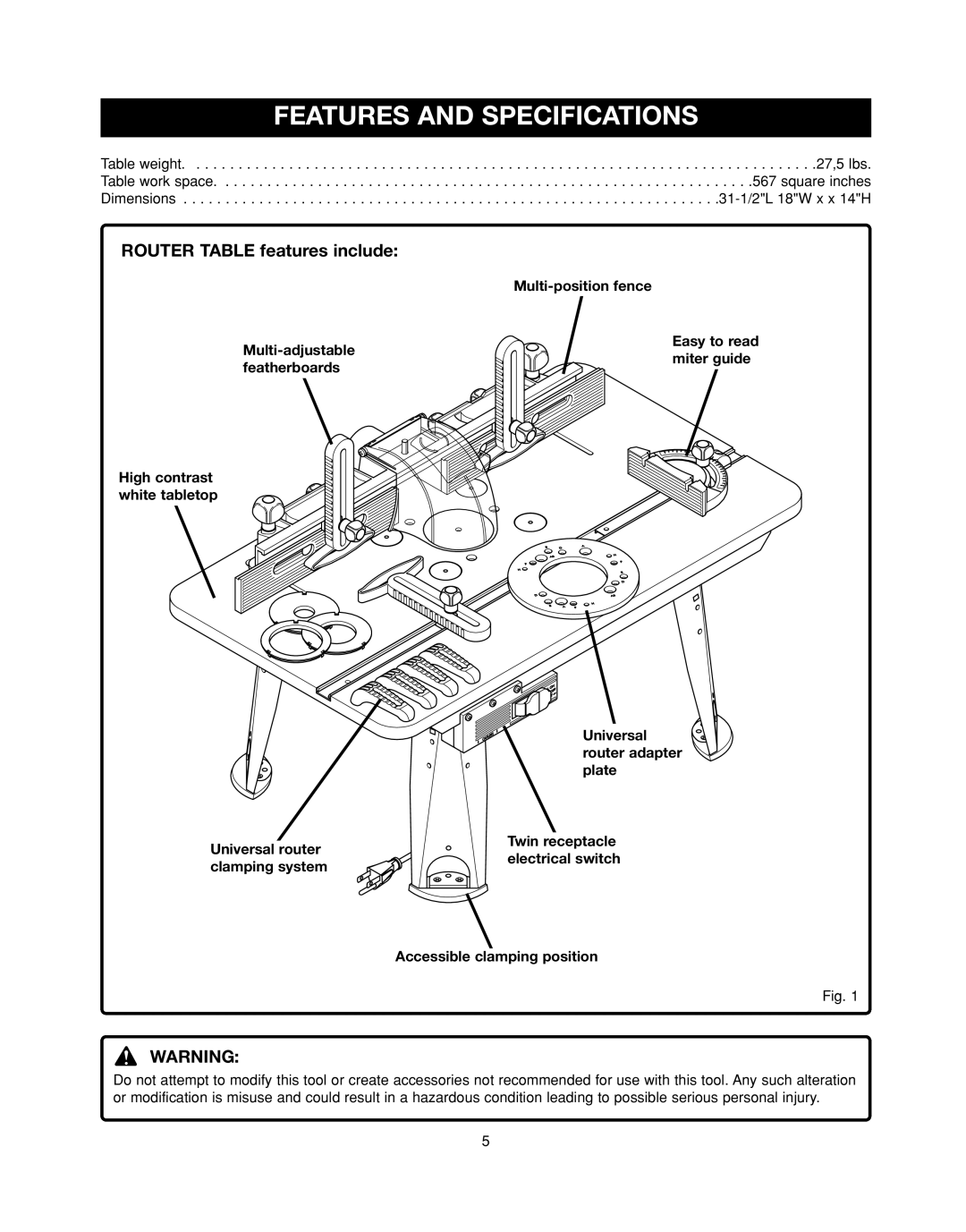 Ryobi RT501W manual Features and Specifications, Router Table features include 